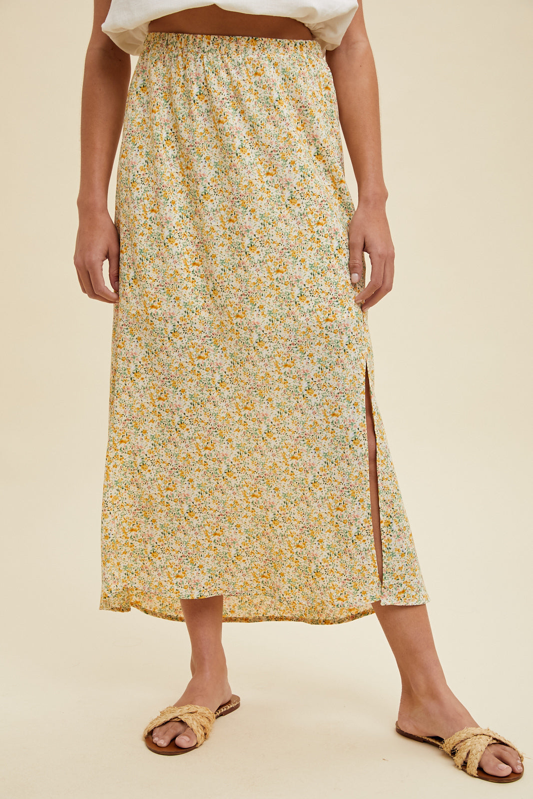 FLORAL MIDI SKIRT WITH FRONT SLIT