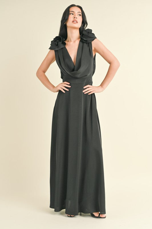 ROSETTE PLUNGING COWL NECK MAXI