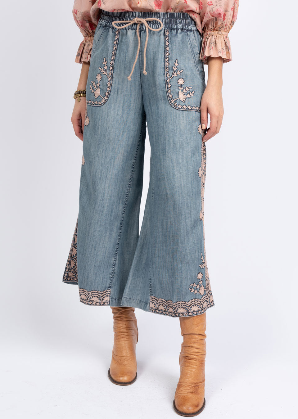 BORDER EMBROIDERED DENIM PANT