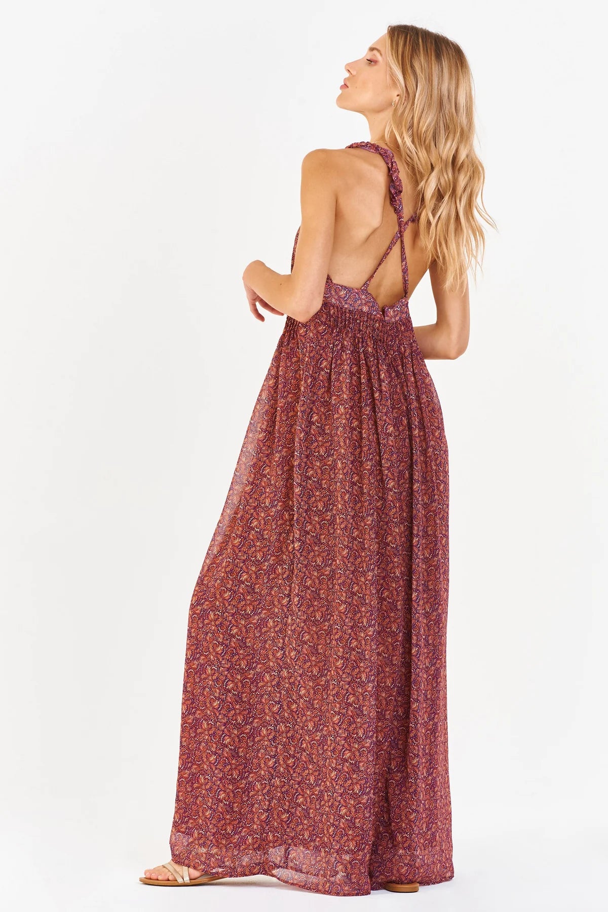 ELIA HALTER DRESS TERRACOTTA PALM