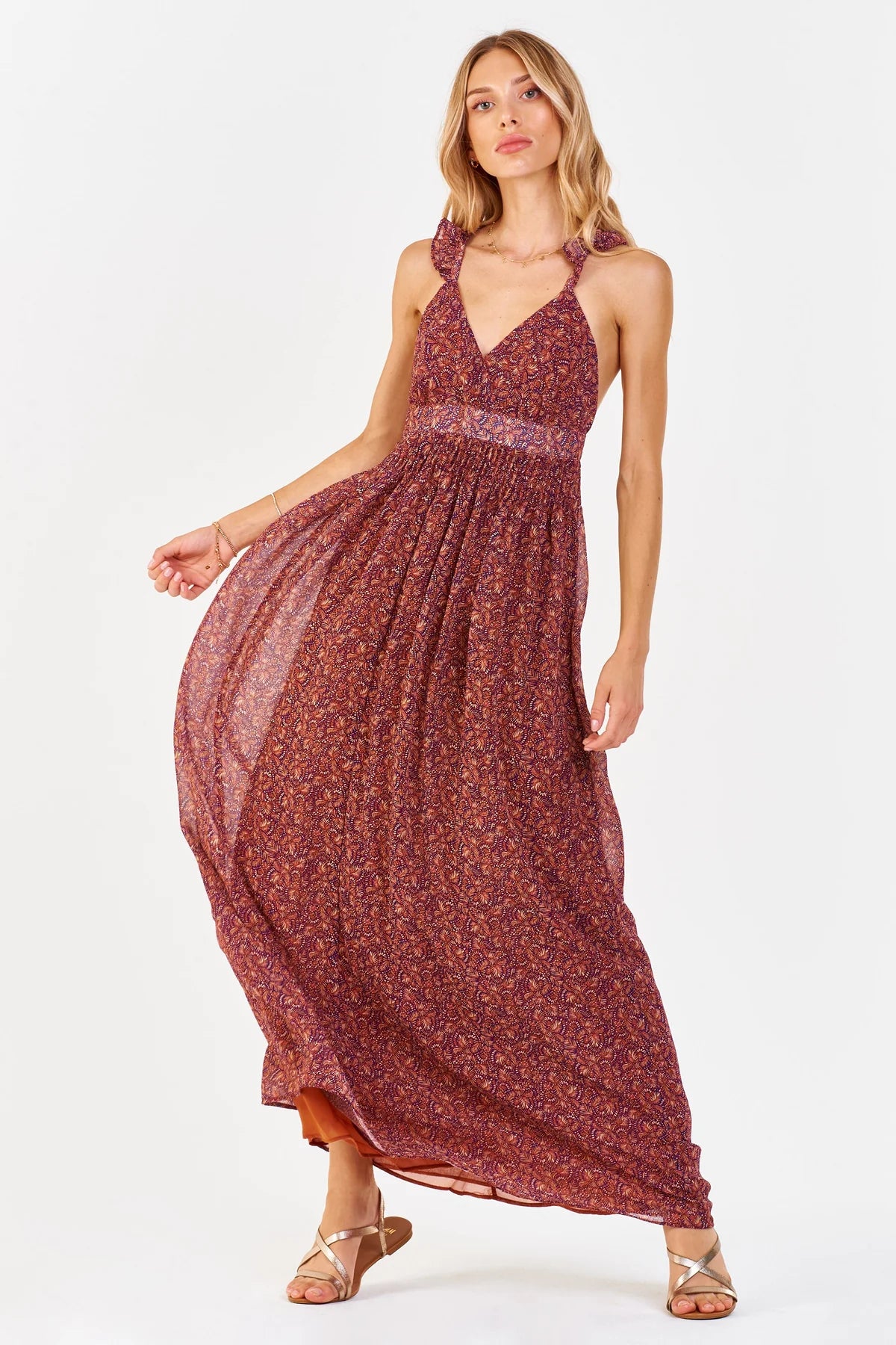 ELIA HALTER DRESS TERRACOTTA PALM