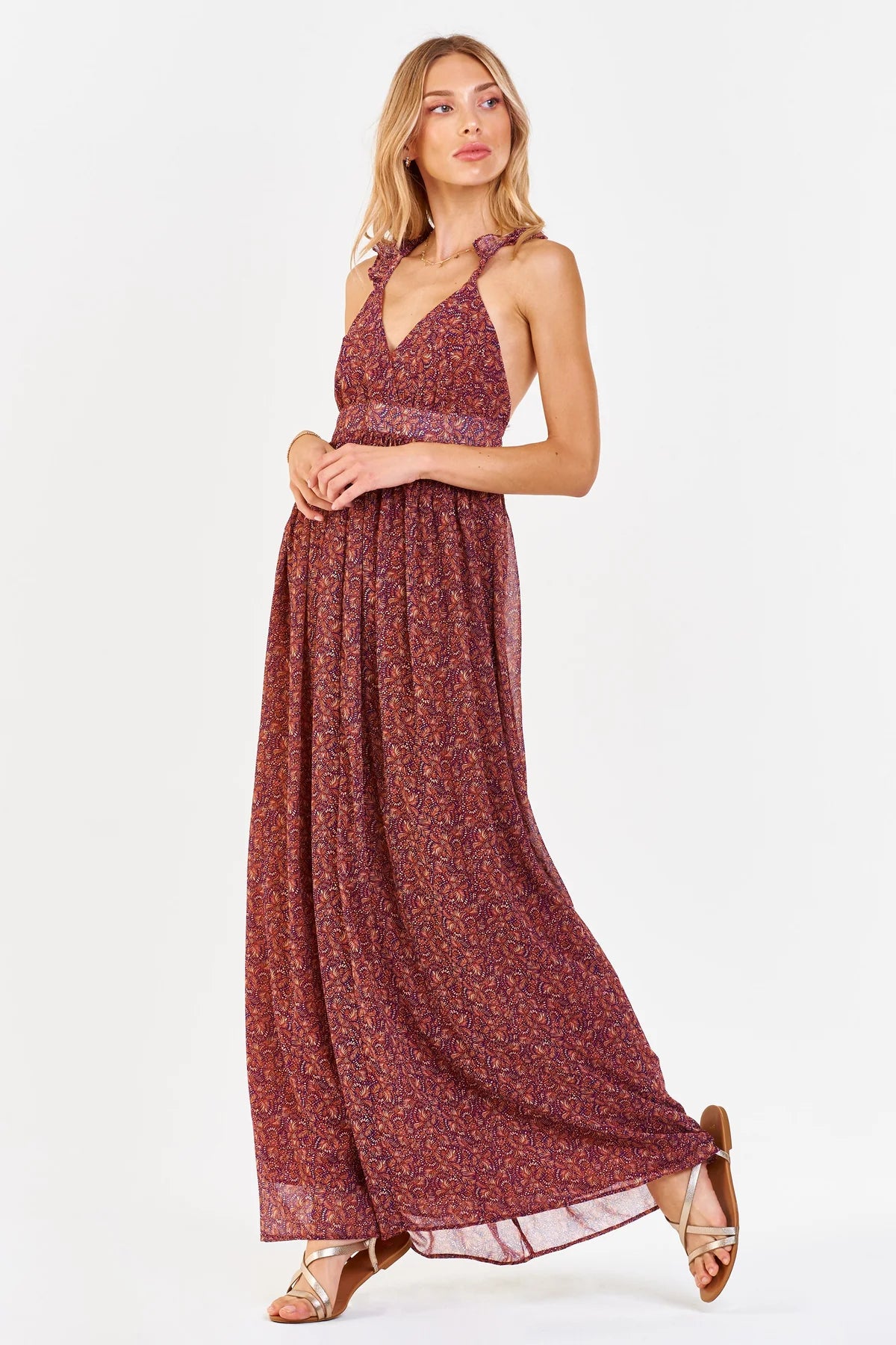 ELIA HALTER DRESS TERRACOTTA PALM