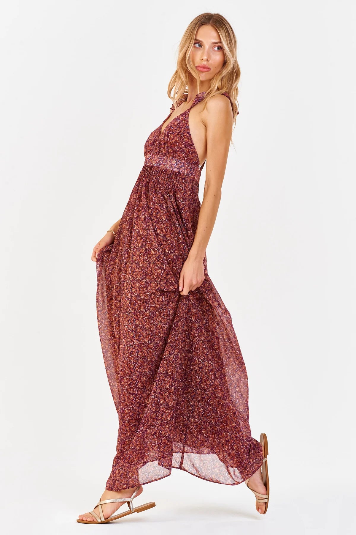 ELIA HALTER DRESS TERRACOTTA PALM